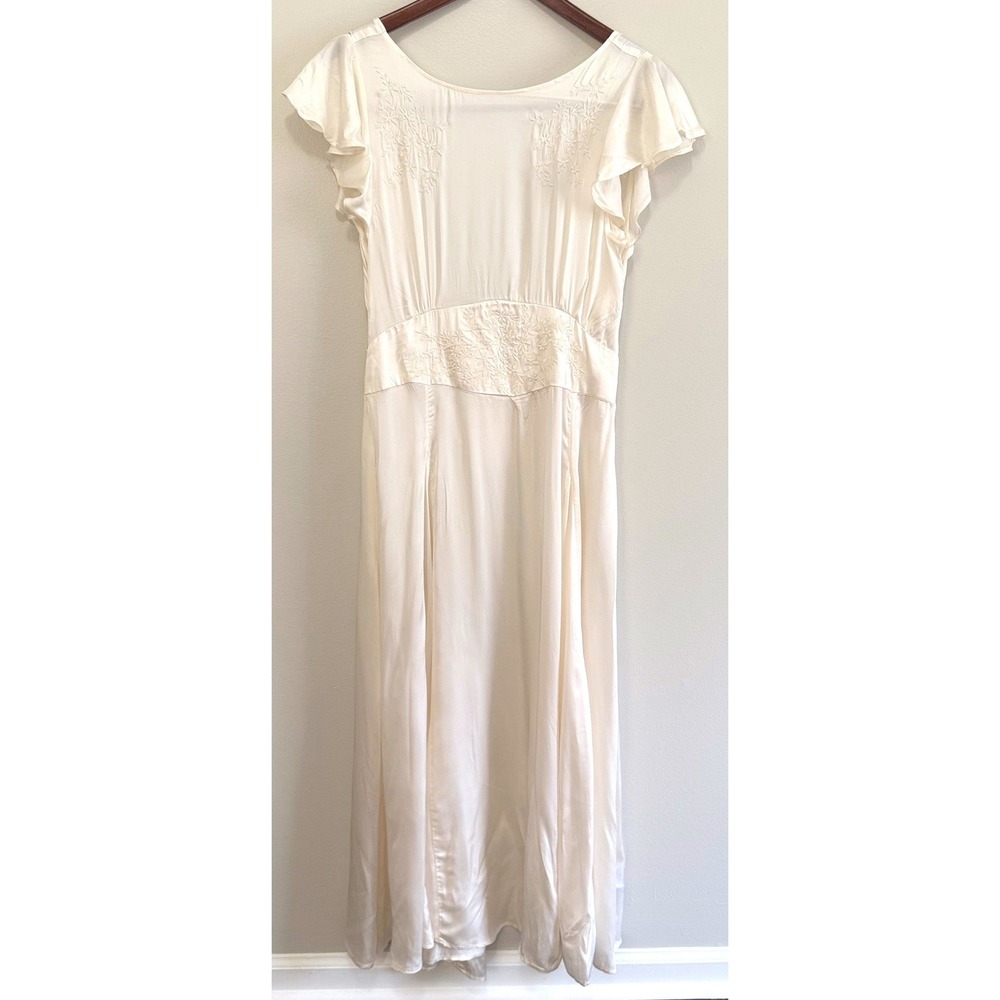 Zara Home Cream Satin Embroidered Flutter Sleeve Open Back Nightgown SZ L NWT